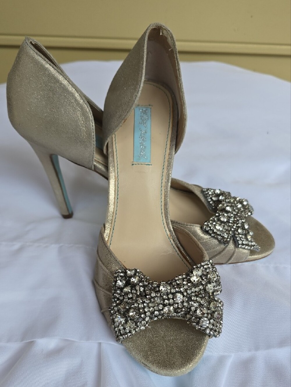 Betsey Johnson Gold Crystal Bow Open Toe Heels
